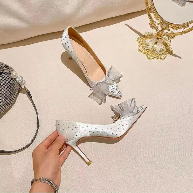 Advbridge Women's Pointed Toe High Heels Stiletto Clear Crystal Slippers Pumps Rhinestone Bow Wedding Banquet Shoes White