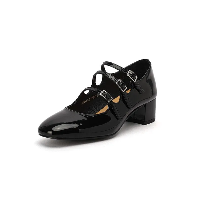 Amozae new Women's pumps Natural Leather 22-24.5cm Cow patent leather upper square toe Mary Jane shoes full leather shoes
