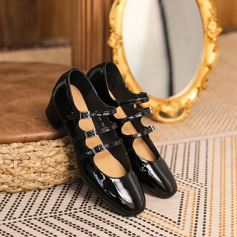 Amozae new Women's pumps Natural Leather 22-24.5cm Cow patent leather upper square toe Mary Jane shoes full leather shoes