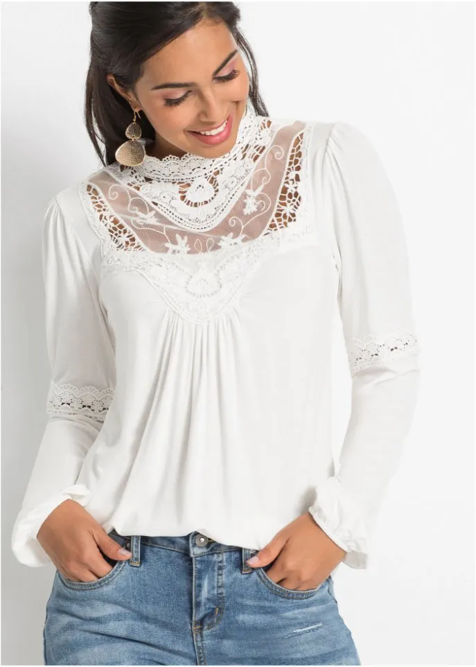 Bodyflirt Long Sleeve Lace Shirt, White
