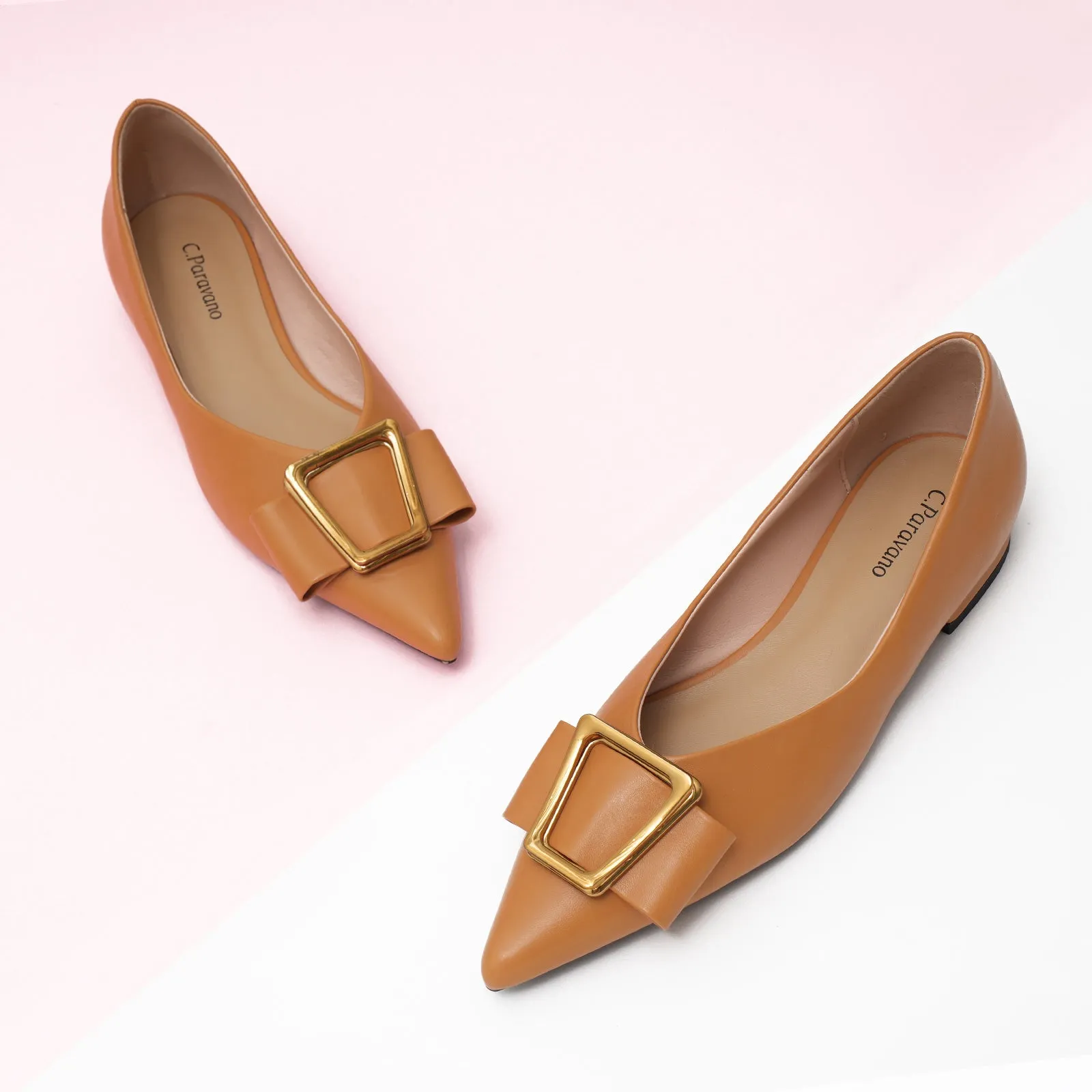Hot Geometric Buckle Pointed Toe Flats Camel