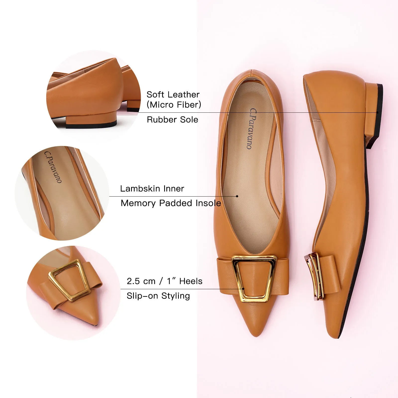 Hot Geometric Buckle Pointed Toe Flats Camel