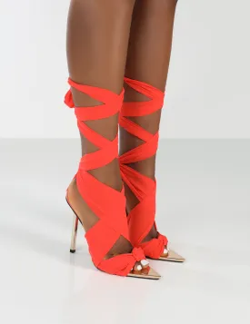 Huni Red Ribbon Tie Up Gold Stiletto Heels