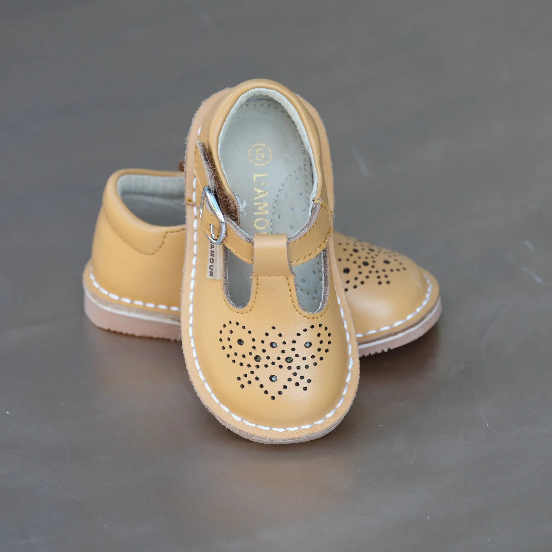 L'Amour Girls Perforated Pattern T-Strap Stitch Down Mary Jane