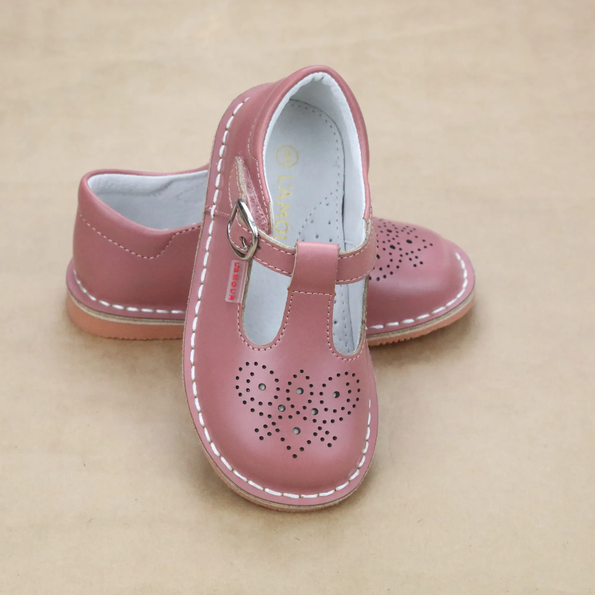 L'Amour Girls Perforated Pattern T-Strap Stitch Down Mary Jane