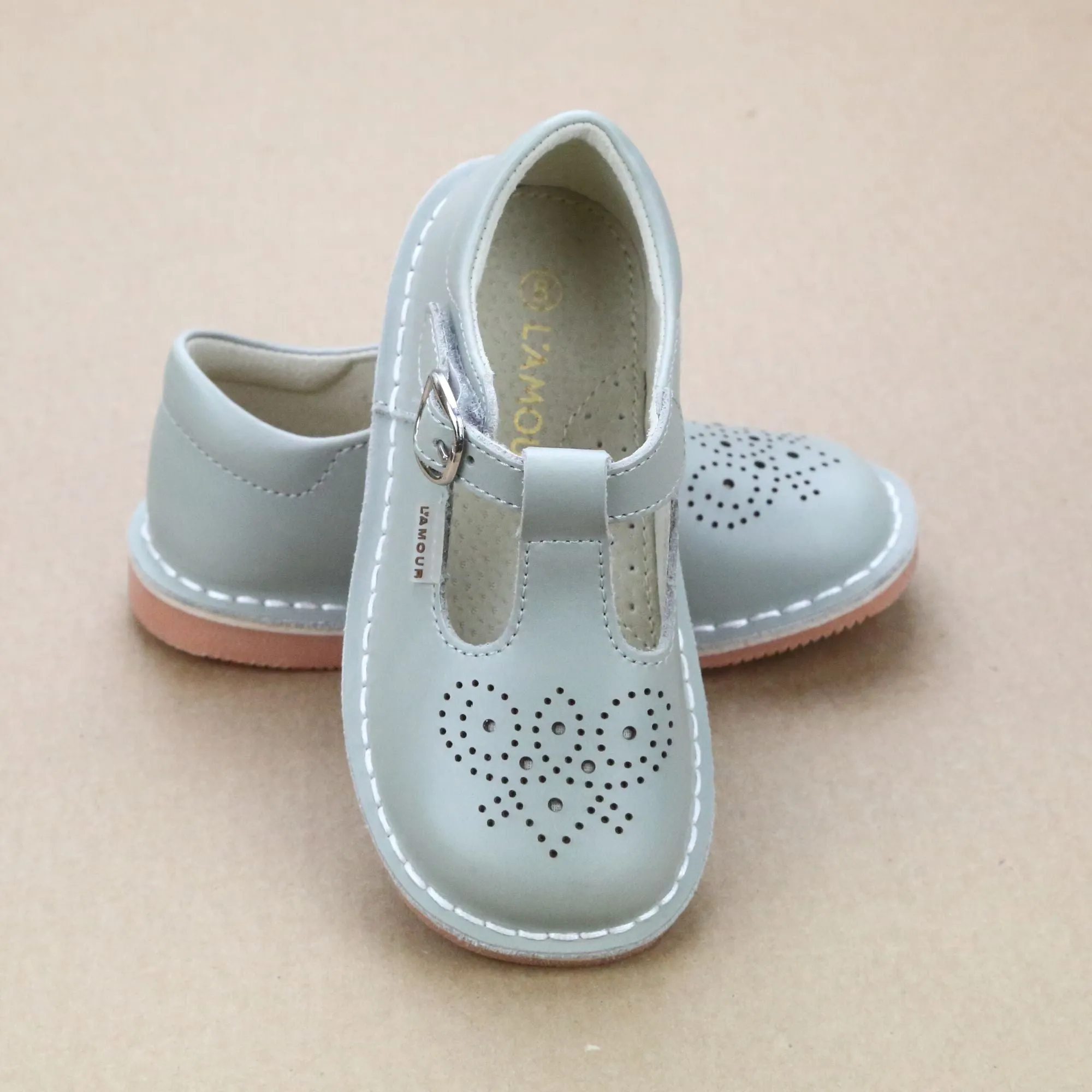 L'Amour Girls Perforated Pattern T-Strap Stitch Down Mary Jane