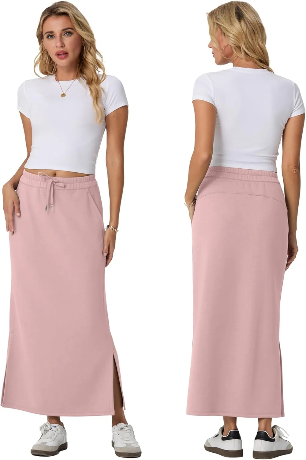 Lepunuo Casual Maxi Skirts for Womens High Waist Trendy Drawstring Side Slit Skirts with Pockets