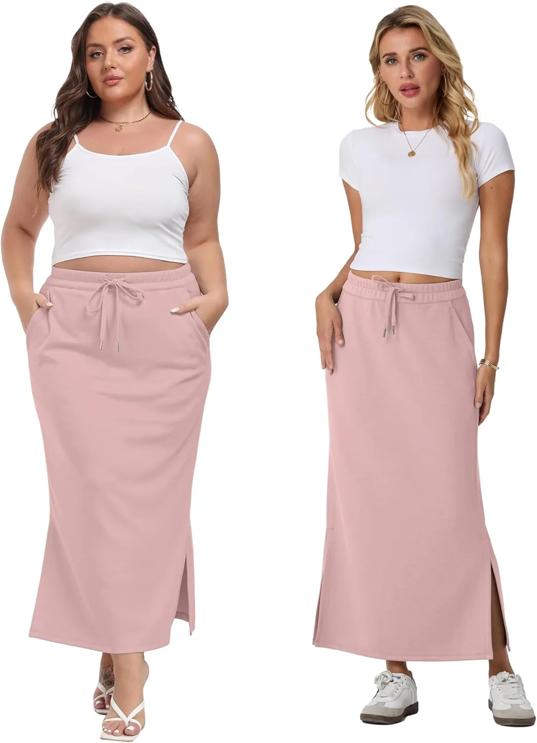 Lepunuo Casual Maxi Skirts for Womens High Waist Trendy Drawstring Side Slit Skirts with Pockets