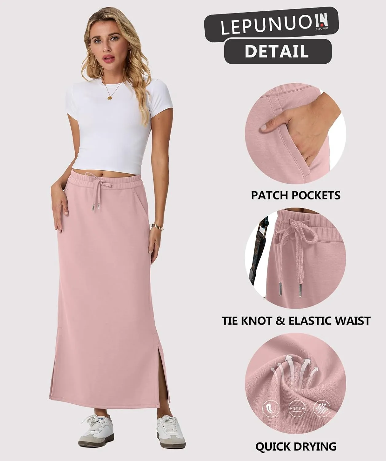 Lepunuo Casual Maxi Skirts for Womens High Waist Trendy Drawstring Side Slit Skirts with Pockets