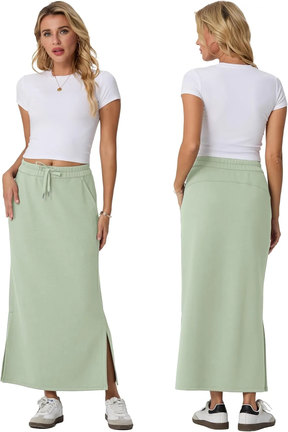 Lepunuo Casual Maxi Skirts for Womens High Waist Trendy Drawstring Side Slit Skirts with Pockets