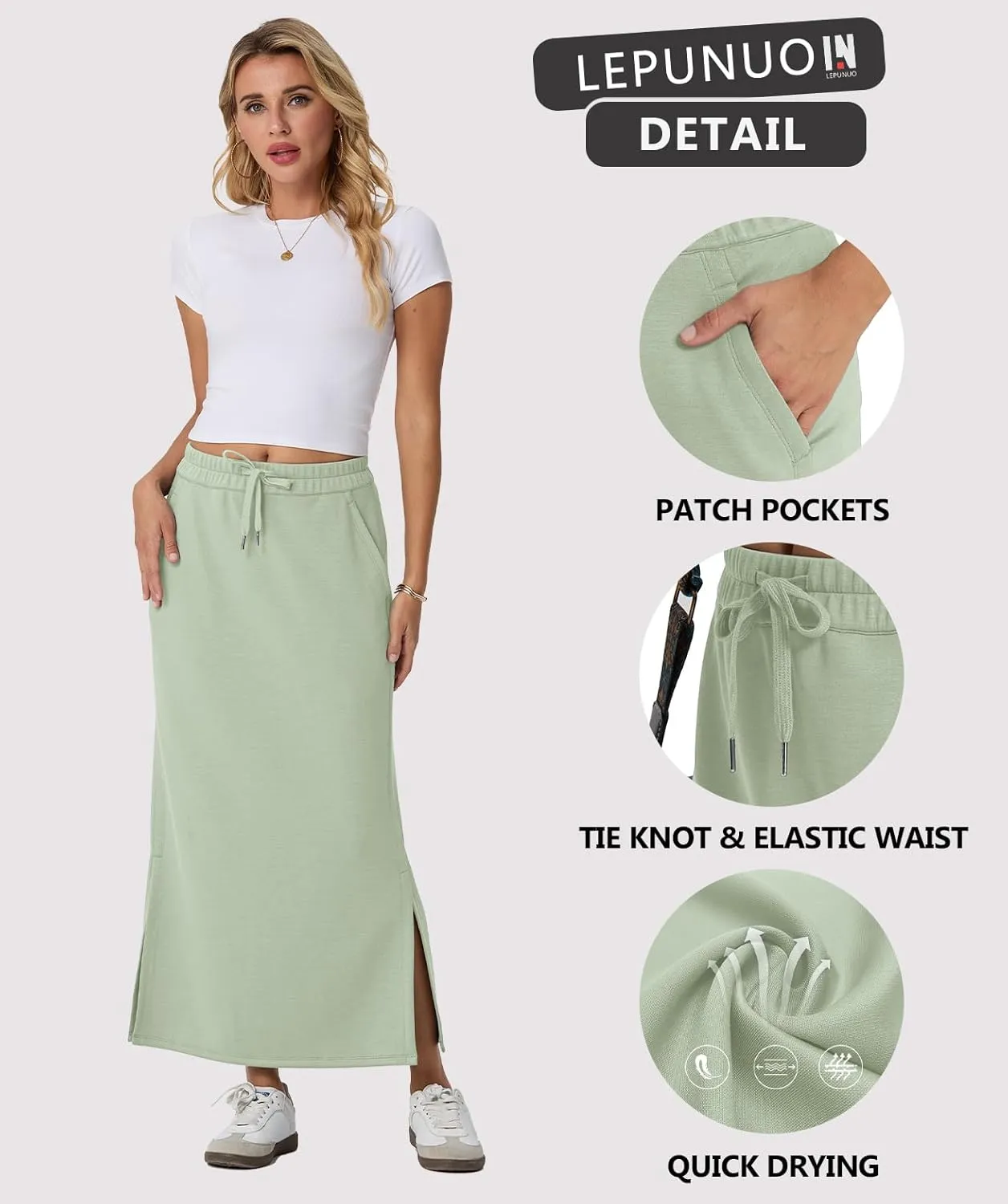Lepunuo Casual Maxi Skirts for Womens High Waist Trendy Drawstring Side Slit Skirts with Pockets