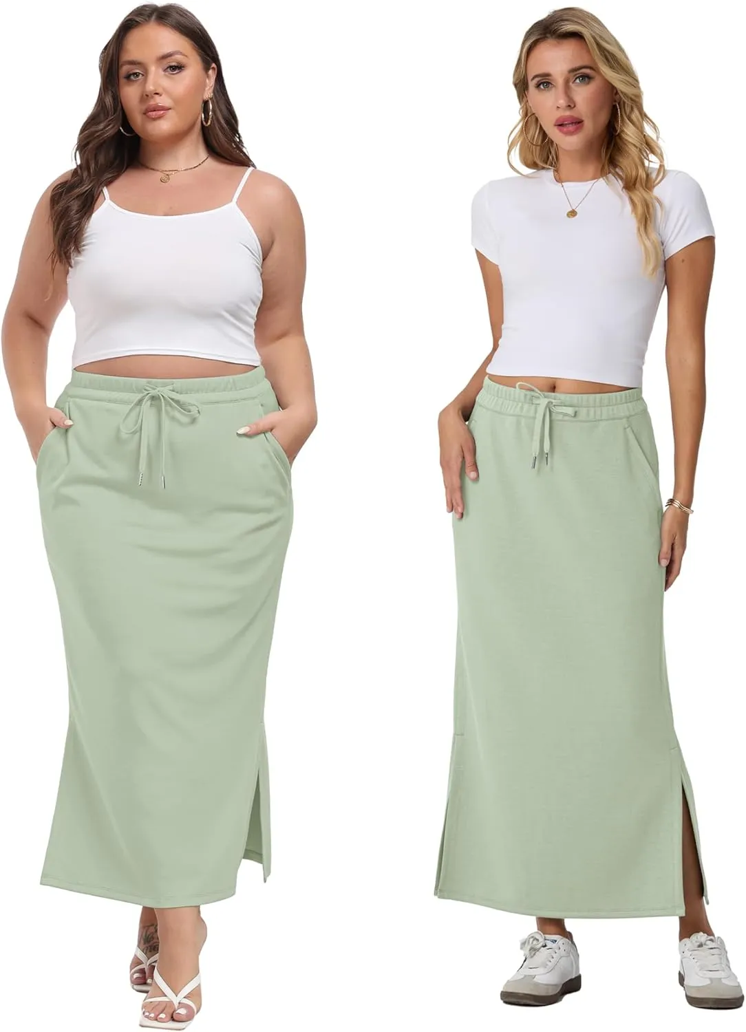 Lepunuo Casual Maxi Skirts for Womens High Waist Trendy Drawstring Side Slit Skirts with Pockets