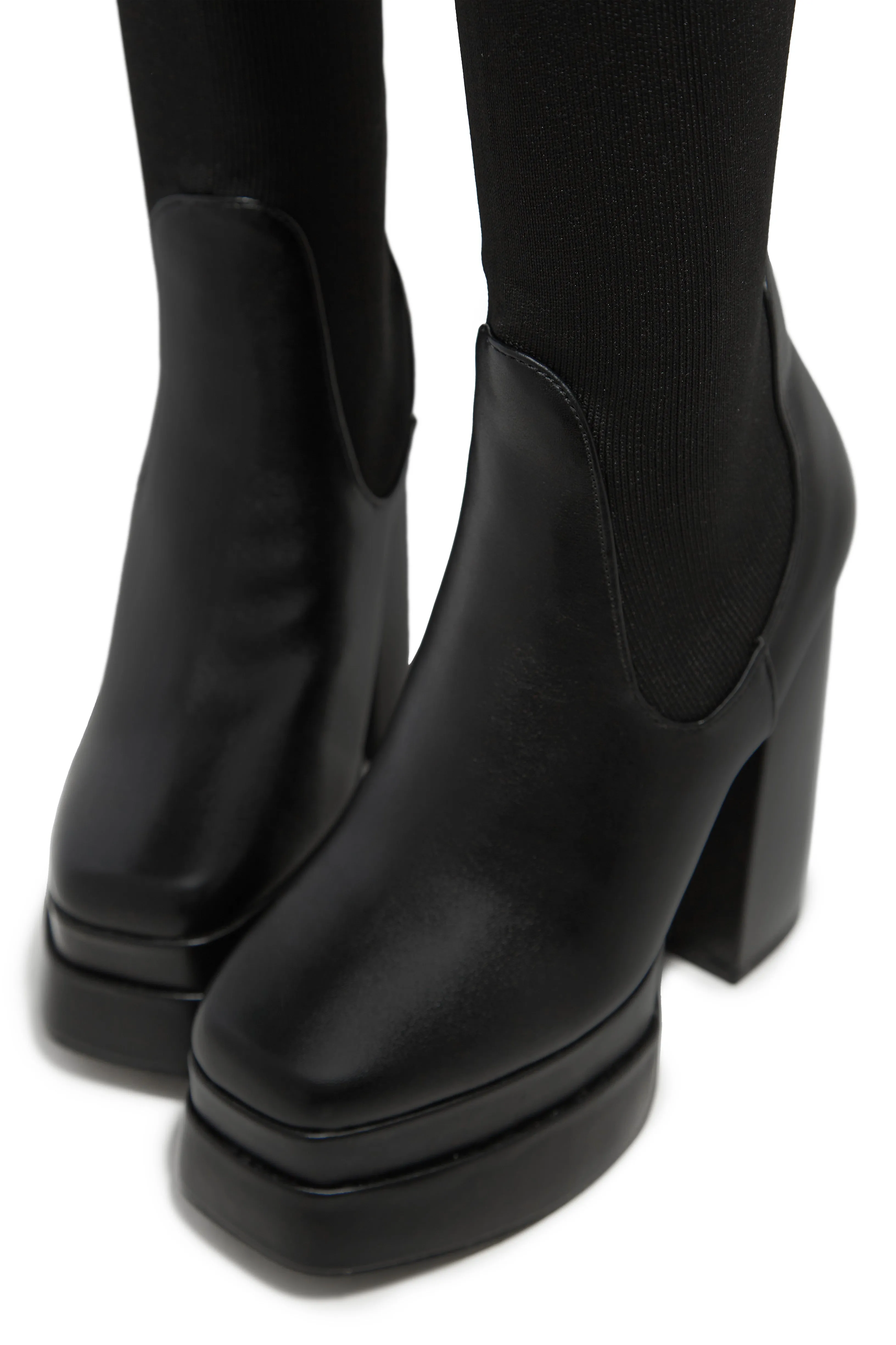 Nelle Over The Knee Platform Block Heel Boots - Black Pu