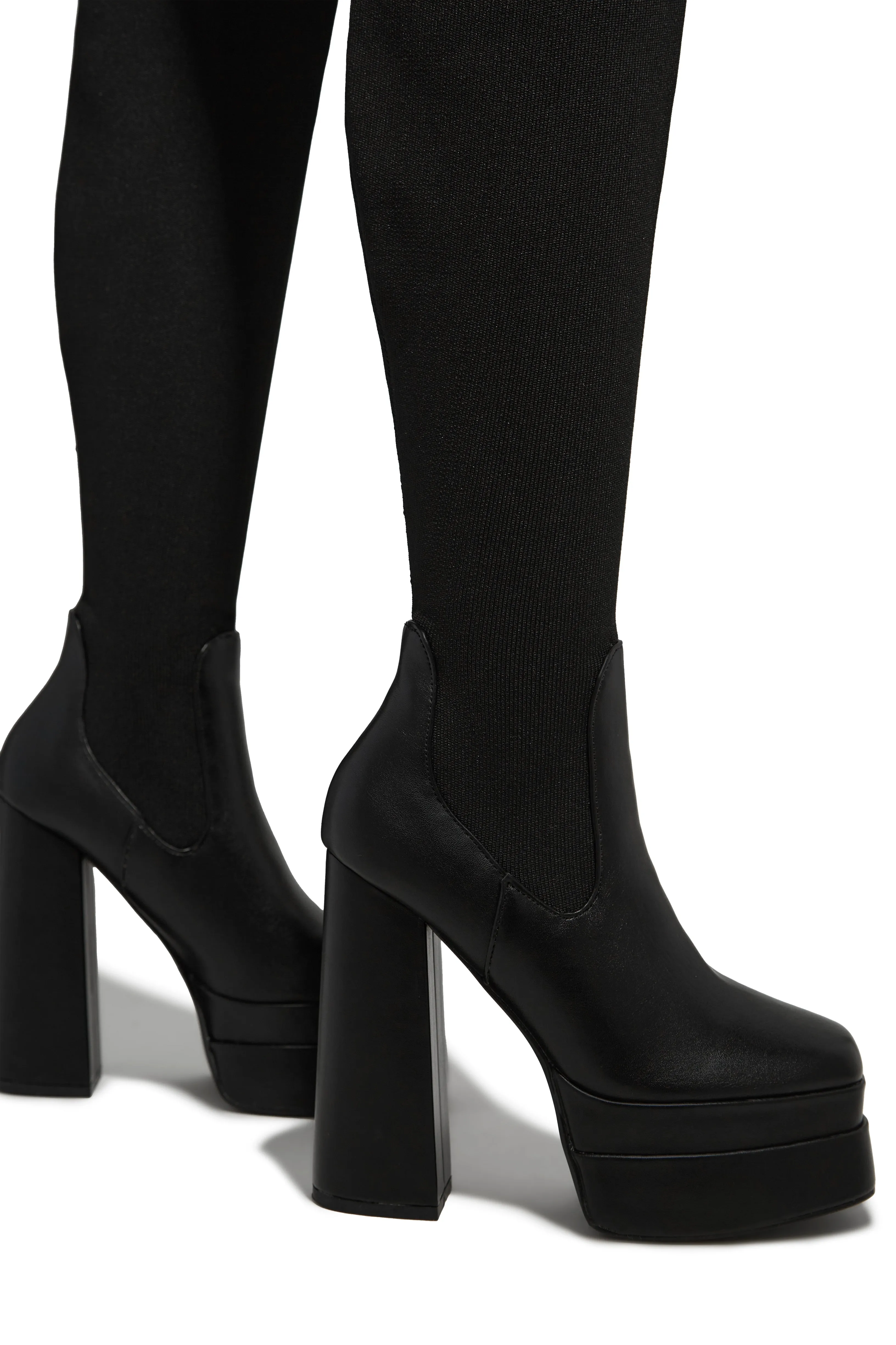 Nelle Over The Knee Platform Block Heel Boots - Black Pu
