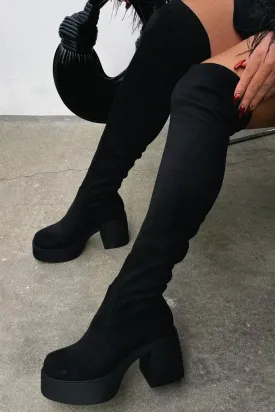 Reezy Over The Knee Platform Block Heel Boots - Black