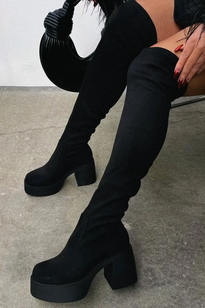 Reezy Over The Knee Platform Block Heel Boots - Black