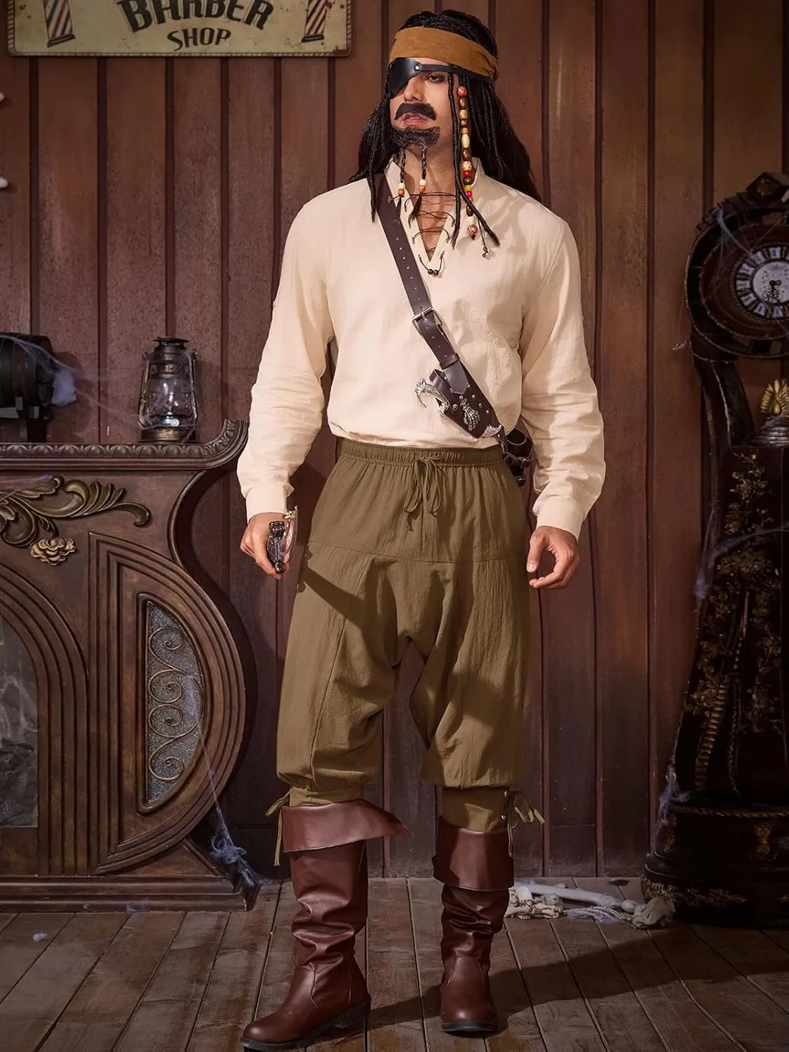 Runcati Mens Medieval Ankle Banded Pants Renaissance Viking Pirate Navigator Costume Pants Lace Up Cotton Halloween Trousers