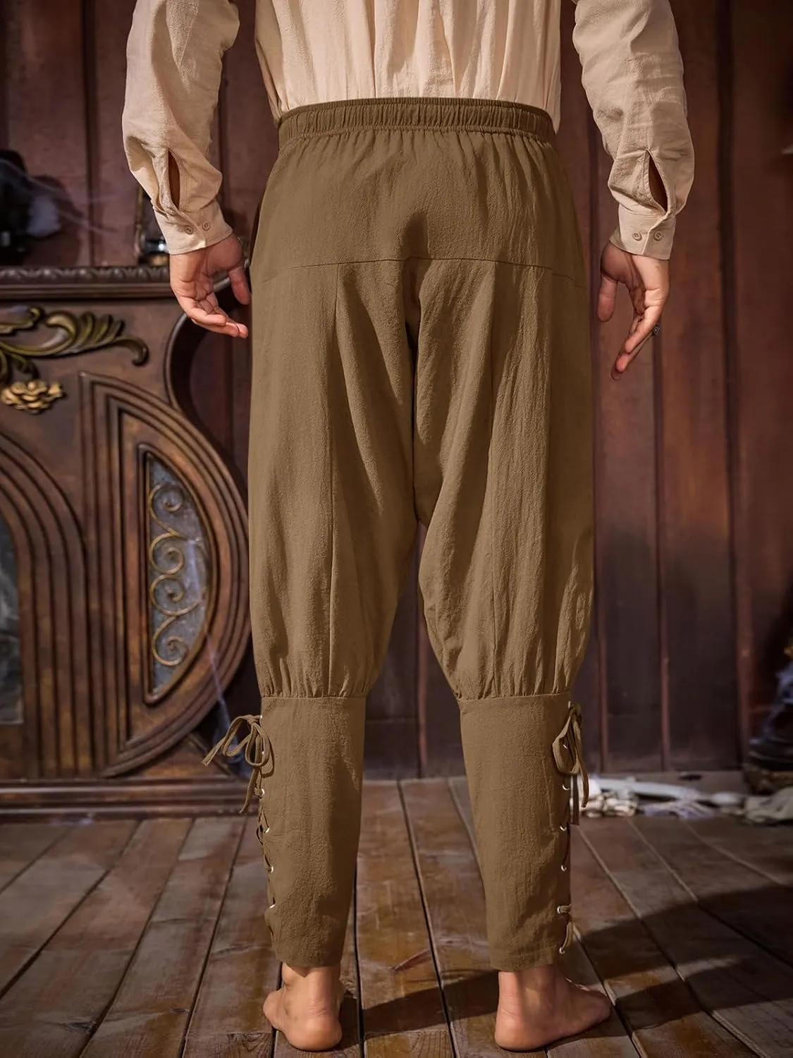 Runcati Mens Medieval Ankle Banded Pants Renaissance Viking Pirate Navigator Costume Pants Lace Up Cotton Halloween Trousers
