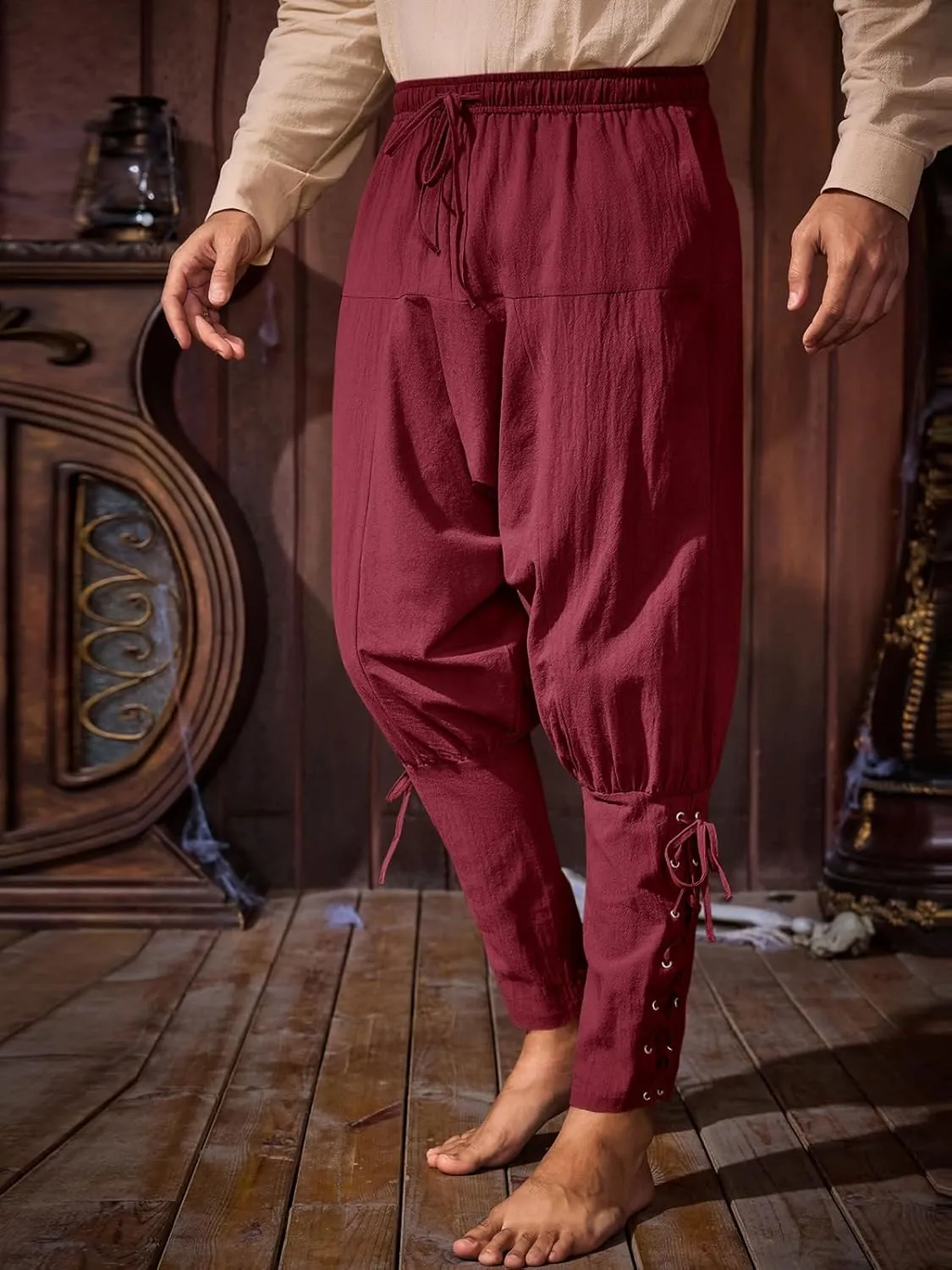 Runcati Mens Medieval Ankle Banded Pants Renaissance Viking Pirate Navigator Costume Pants Lace Up Cotton Halloween Trousers