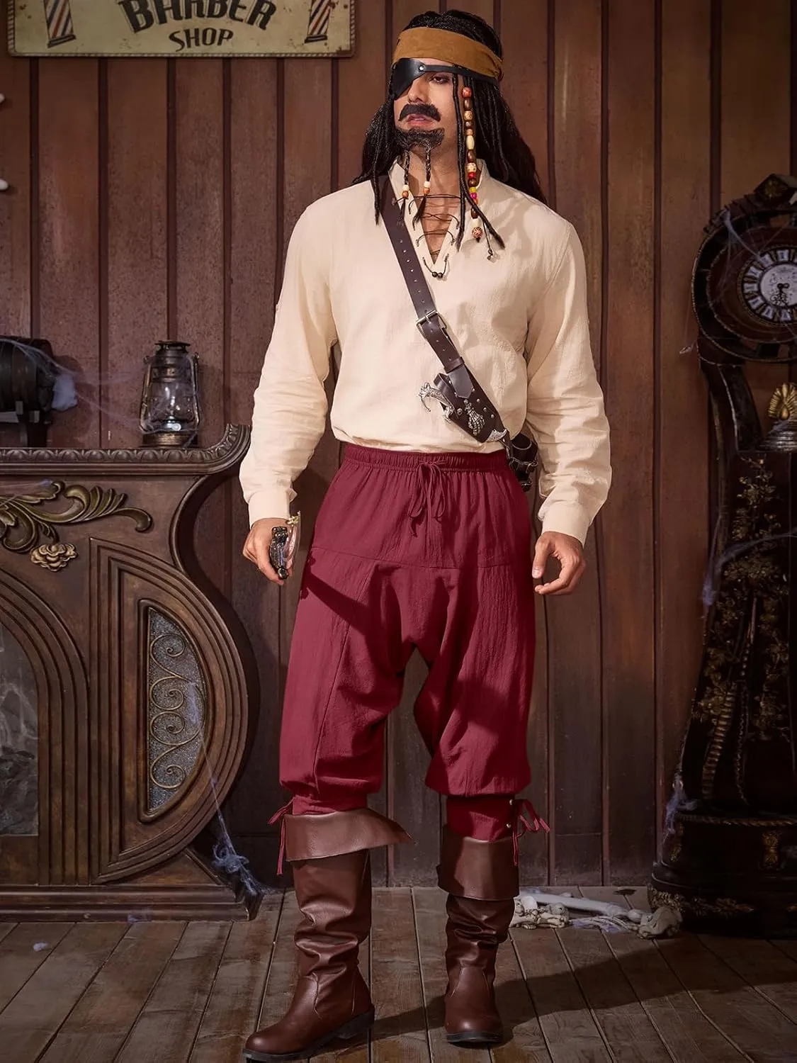 Runcati Mens Medieval Ankle Banded Pants Renaissance Viking Pirate Navigator Costume Pants Lace Up Cotton Halloween Trousers