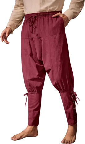 Runcati Mens Medieval Ankle Banded Pants Renaissance Viking Pirate Navigator Costume Pants Lace Up Cotton Halloween Trousers