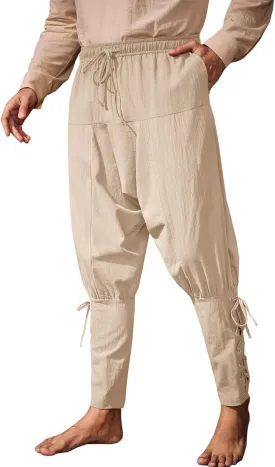 Runcati Mens Medieval Ankle Banded Pants Renaissance Viking Pirate Navigator Costume Pants Lace Up Cotton Halloween Trousers
