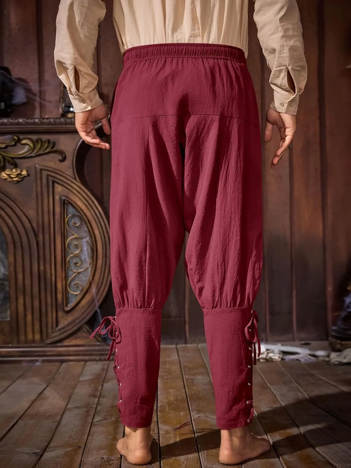 Runcati Mens Medieval Ankle Banded Pants Renaissance Viking Pirate Navigator Costume Pants Lace Up Cotton Halloween Trousers