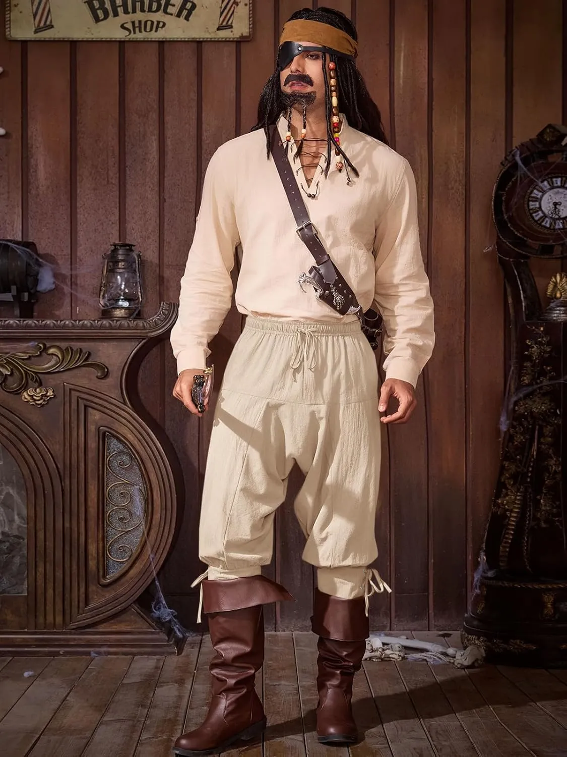 Runcati Mens Medieval Ankle Banded Pants Renaissance Viking Pirate Navigator Costume Pants Lace Up Cotton Halloween Trousers