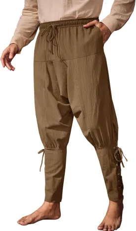 Runcati Mens Medieval Ankle Banded Pants Renaissance Viking Pirate Navigator Costume Pants Lace Up Cotton Halloween Trousers