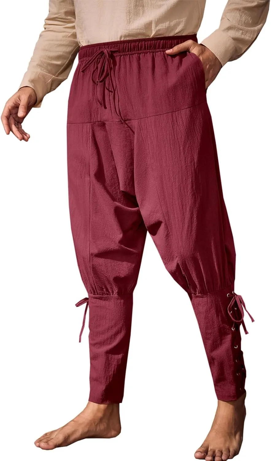Runcati Mens Medieval Ankle Banded Pants Renaissance Viking Pirate Navigator Costume Pants Lace Up Cotton Halloween Trousers