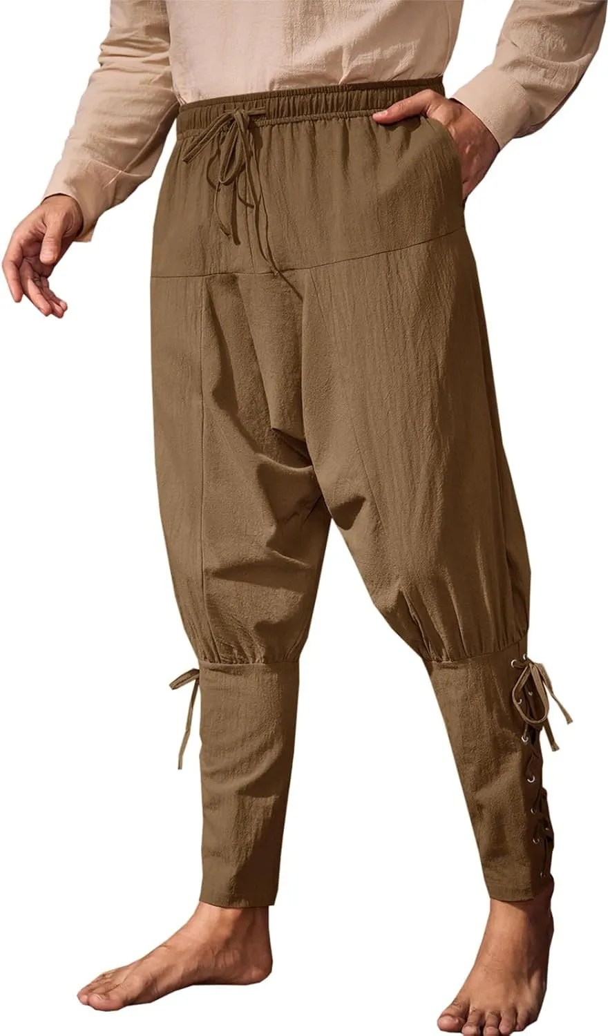 Runcati Mens Medieval Ankle Banded Pants Renaissance Viking Pirate Navigator Costume Pants Lace Up Cotton Halloween Trousers
