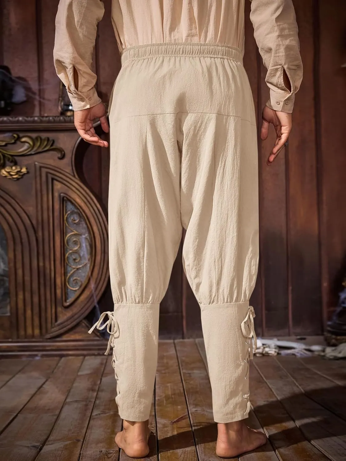 Runcati Mens Medieval Ankle Banded Pants Renaissance Viking Pirate Navigator Costume Pants Lace Up Cotton Halloween Trousers