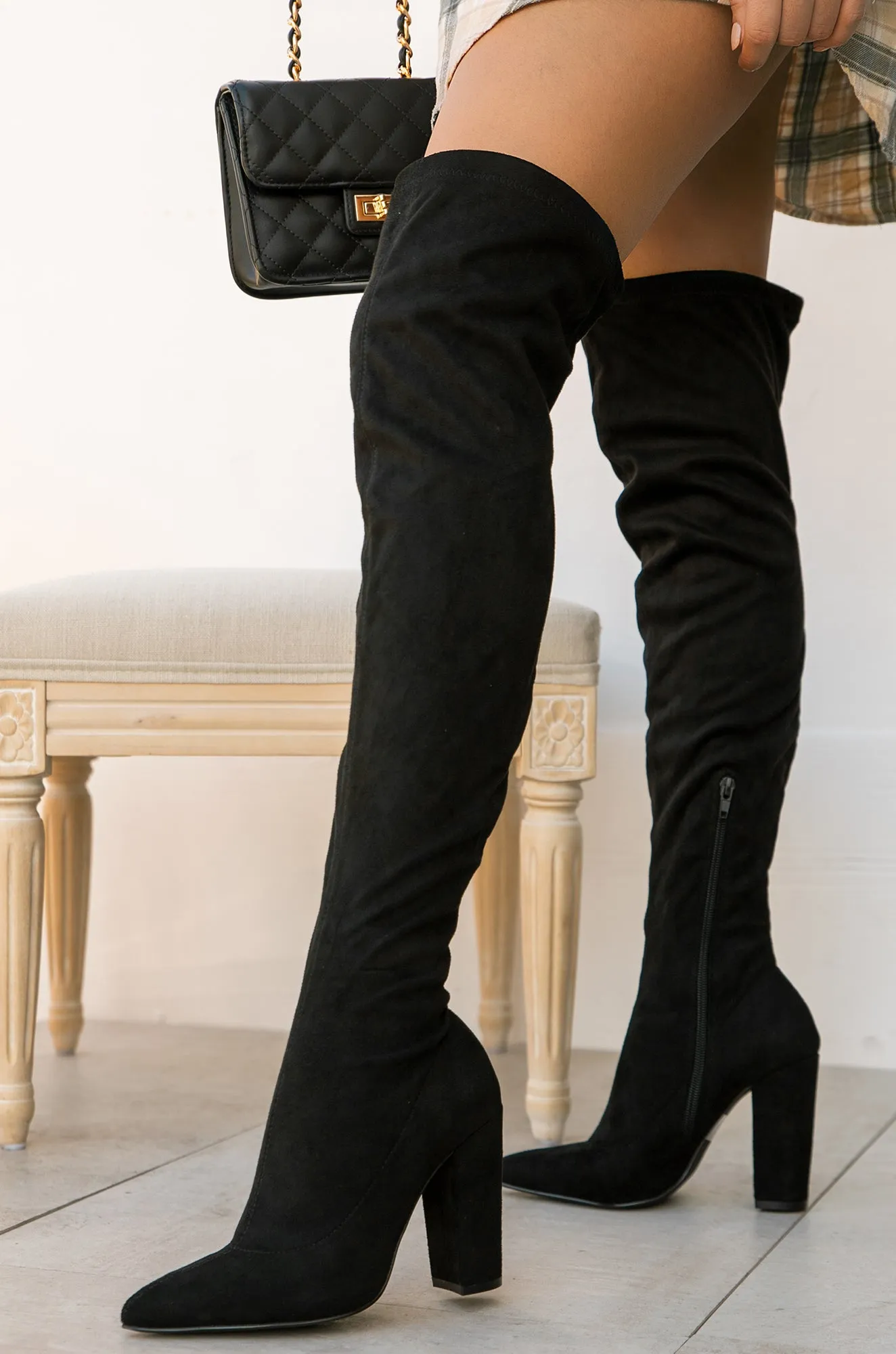 Set The Bar Over The Knee Block High Heel Boots - Black