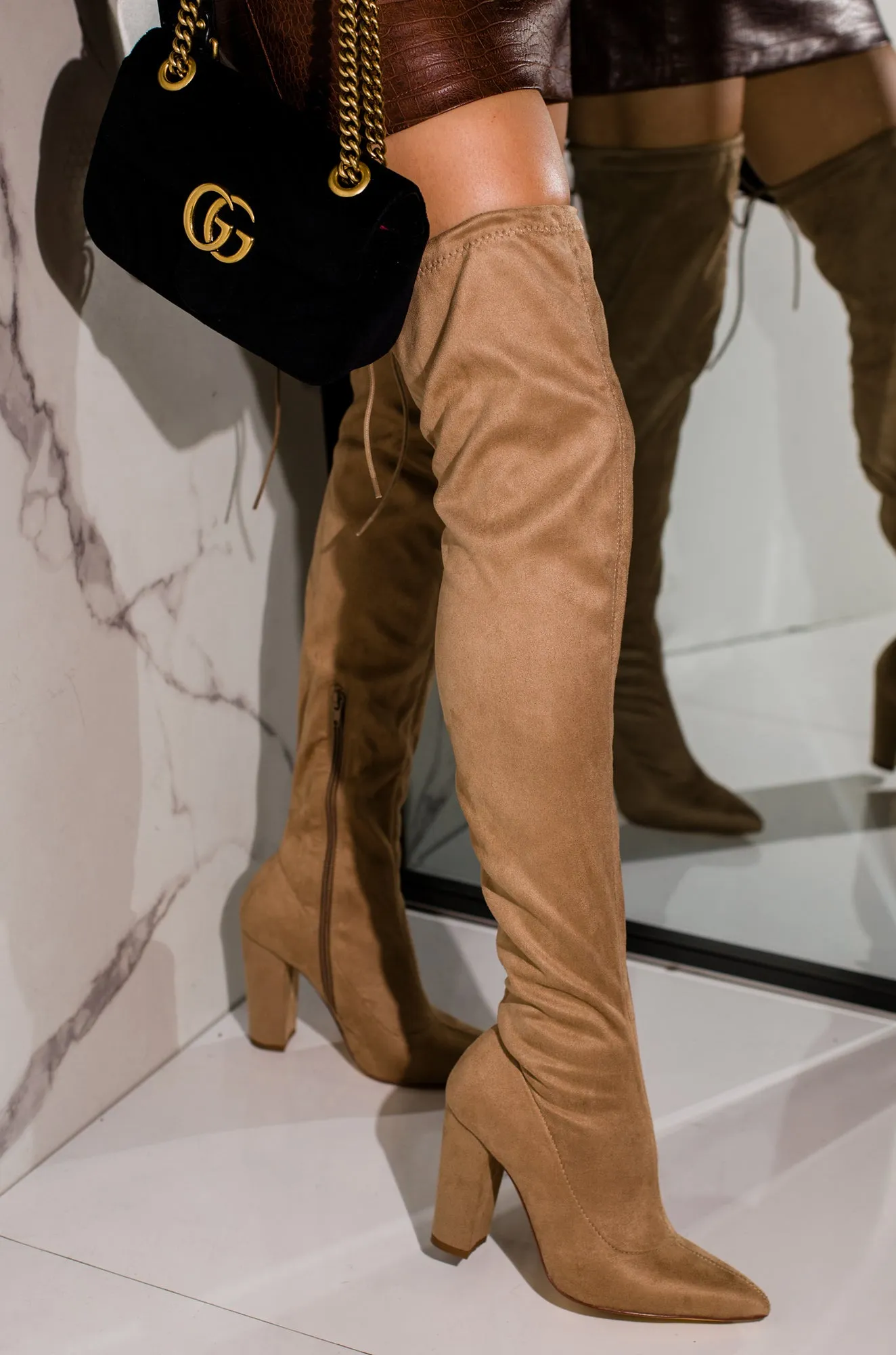 Set The Bar Over The Knee Block High Heel Boots - Taupe