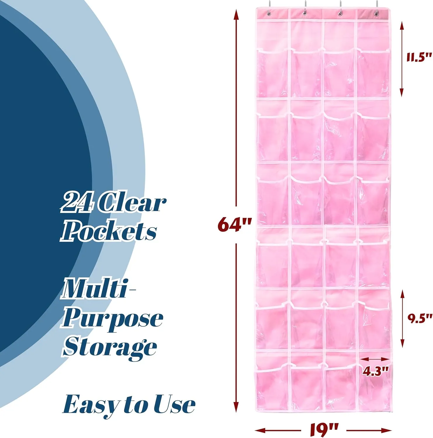 Simple Houseware 24 Pockets - Crystal Clear Over The Door Hanging Shoe Organizer, Pink (64'' x 19'')