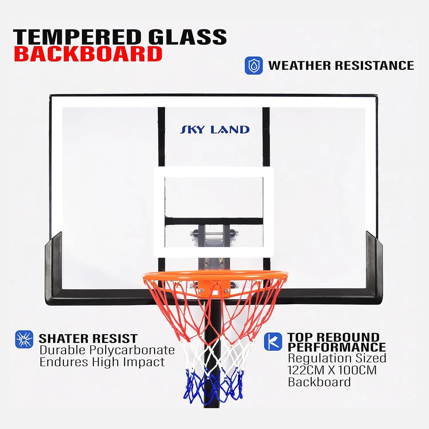 SKY LAND Basketball Hoop, Basketball Goal on Wheels Pro Size, Adjustable Height 8-10 FT, 50" Shatterproof Acrylic Backboard For Adults & Kids, Outdoor/Indoor Basketball Hoop Stand EM-1874