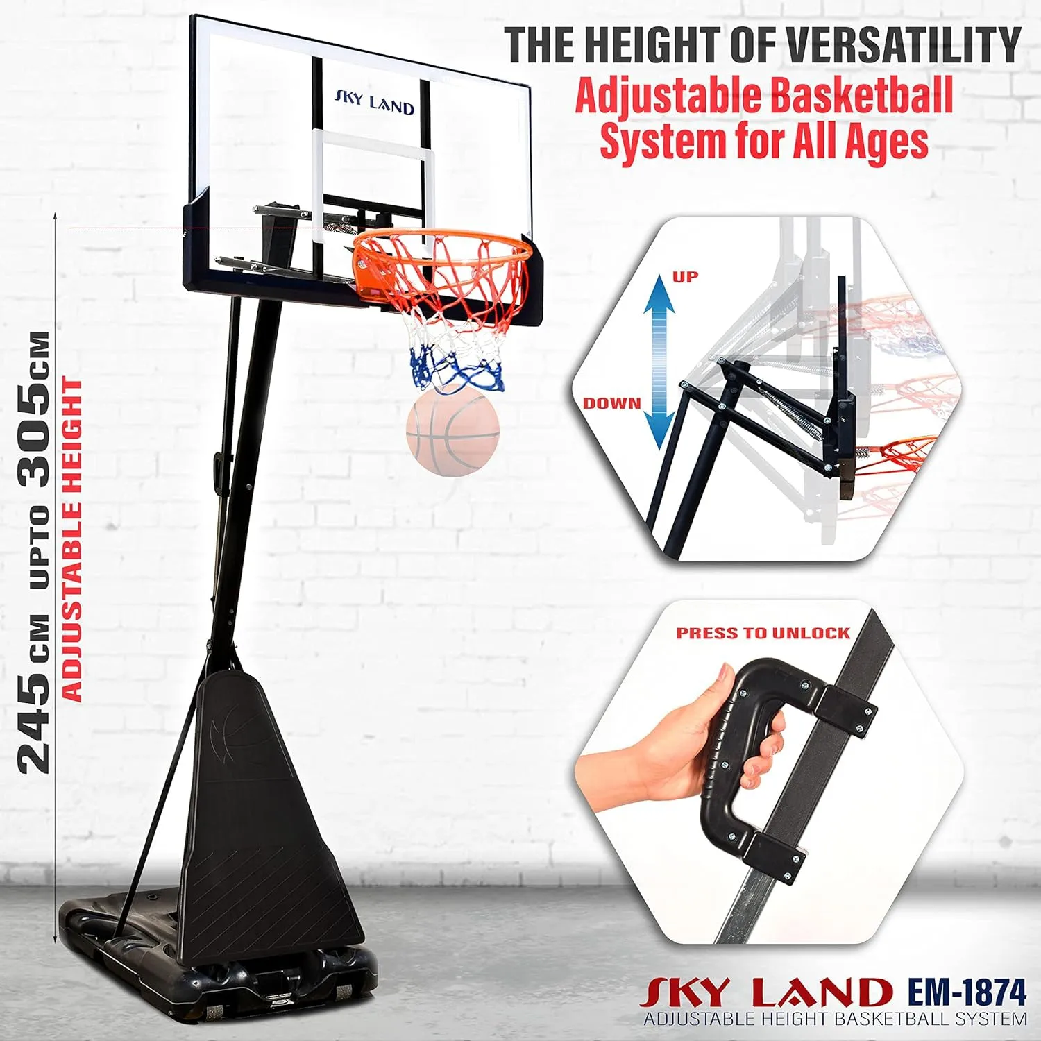 SKY LAND Basketball Hoop, Basketball Goal on Wheels Pro Size, Adjustable Height 8-10 FT, 50" Shatterproof Acrylic Backboard For Adults & Kids, Outdoor/Indoor Basketball Hoop Stand EM-1874