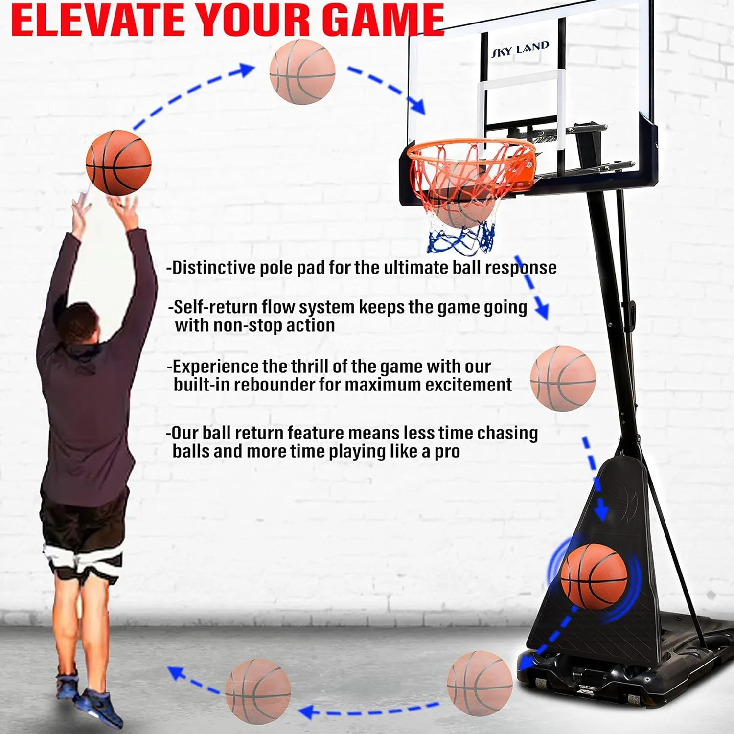 SKY LAND Basketball Hoop, Basketball Goal on Wheels Pro Size, Adjustable Height 8-10 FT, 50" Shatterproof Acrylic Backboard For Adults & Kids, Outdoor/Indoor Basketball Hoop Stand EM-1874