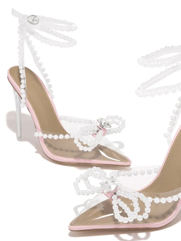 Toleet Pearl Bow Pointed Toe Transparent Heels