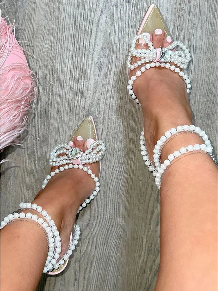 Toleet Pearl Bow Pointed Toe Transparent Heels