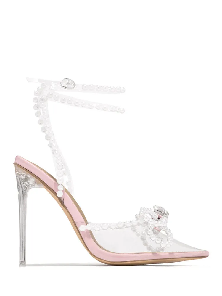 Toleet Pearl Bow Pointed Toe Transparent Heels