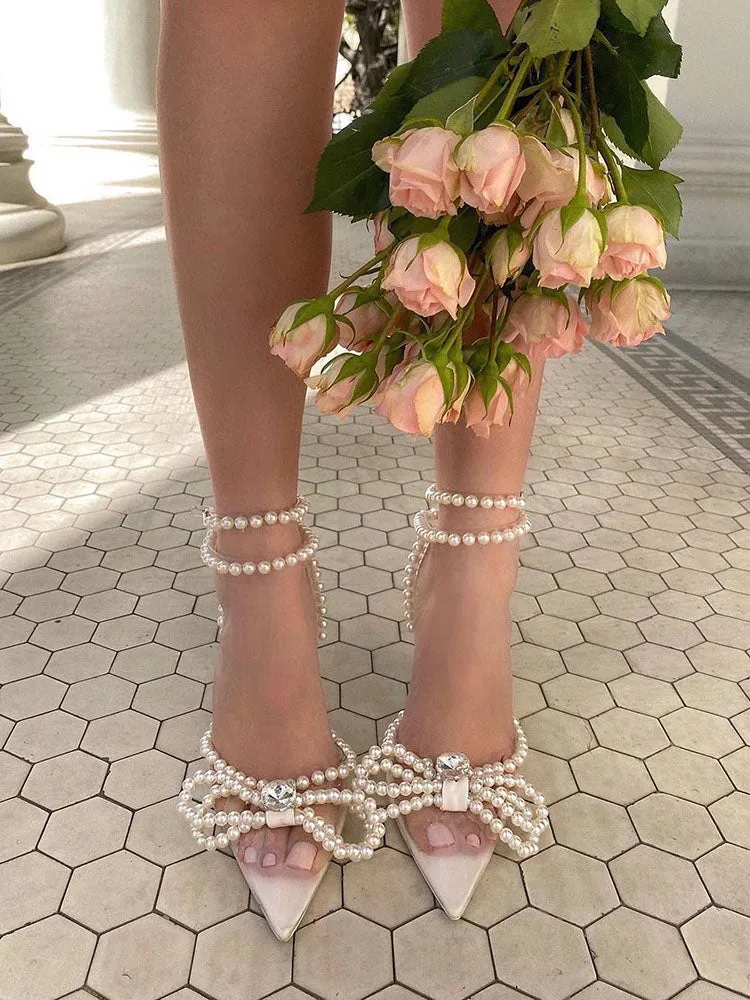 Toleet Pearl Bow Pointed Toe Transparent Heels