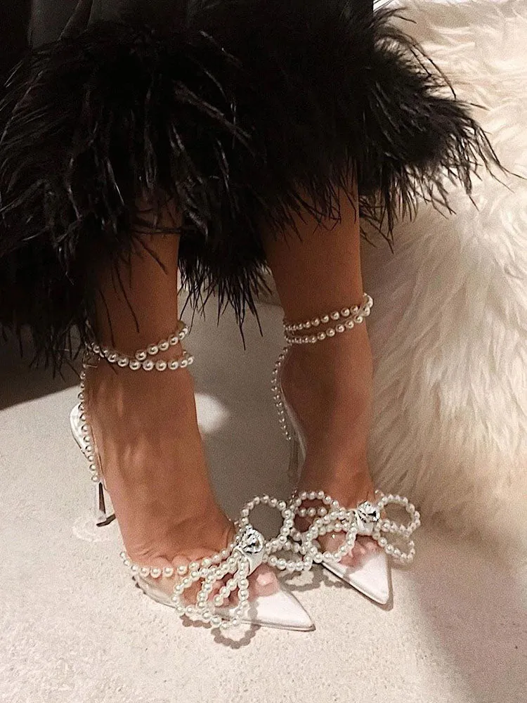Toleet Pearl Bow Pointed Toe Transparent Heels
