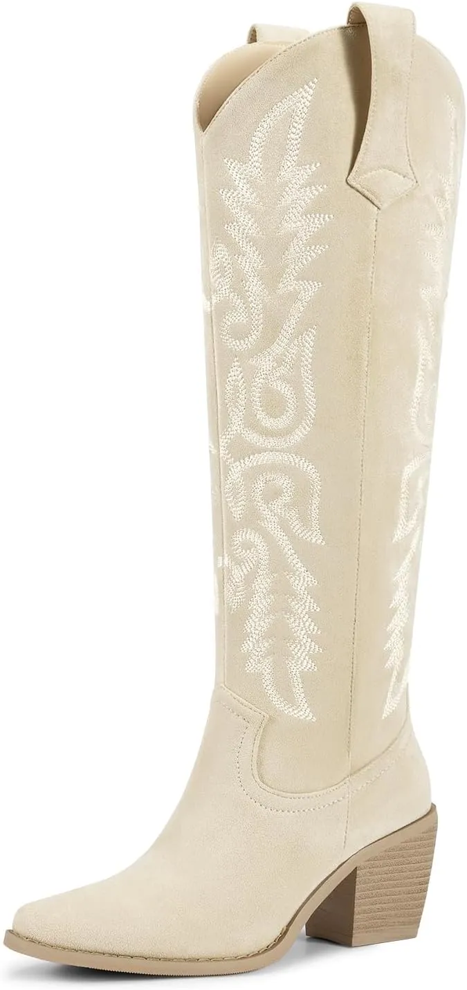 wetkiss Womens Cowboy Boots Side Zipper Ladies Cowgirl Knee High Boots,Comfortable Retro Tall Vintage Embroidery Pointed Toe Block Chunky Heel