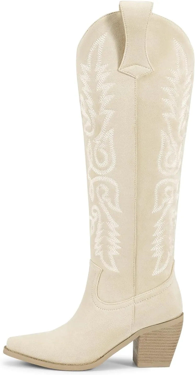 wetkiss Womens Cowboy Boots Side Zipper Ladies Cowgirl Knee High Boots,Comfortable Retro Tall Vintage Embroidery Pointed Toe Block Chunky Heel