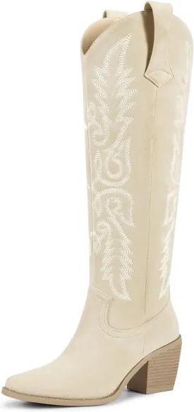 wetkiss Womens Cowboy Boots Side Zipper Ladies Cowgirl Knee High Boots,Comfortable Retro Tall Vintage Embroidery Pointed Toe Block Chunky Heel